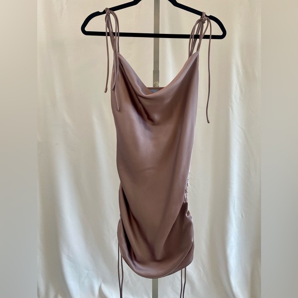 NWT Pink Moon Bay mauve satiny dress, women’s size S. Cowl neck, ruched tie side - Picture 2 of 5